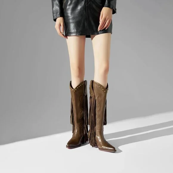 Women's Brown Fashion Pointed Toe Chunky Heel Rivet Pull-On Knee High Fringe - Picture 3 of 8